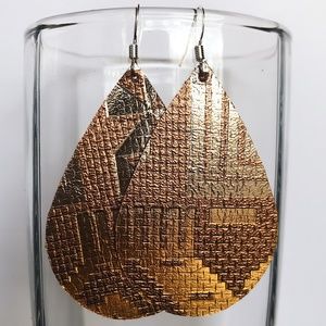 Brown Metallic Aztec Teardrop Leather Earrings